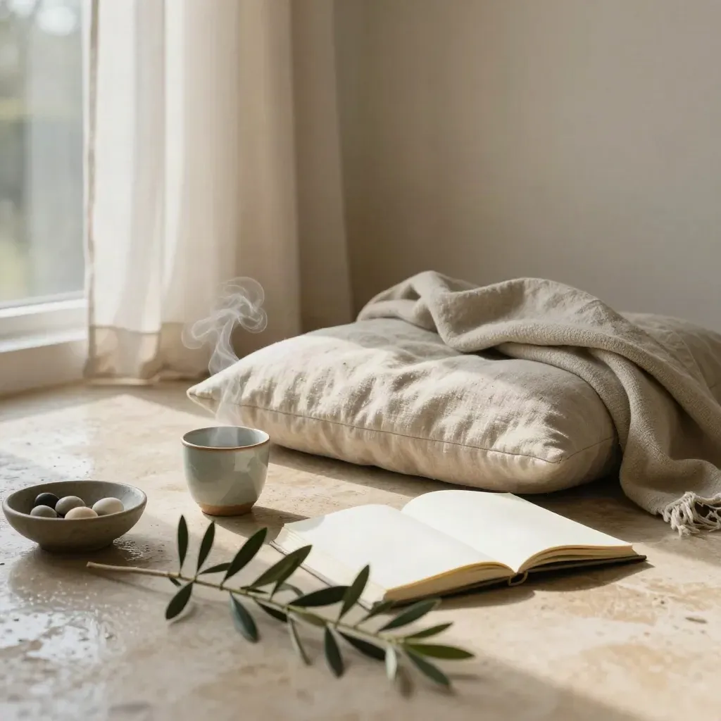 Coin de méditation lumineux avec coussin, tasse fumante, journal, plaid et branche d’olivier après la pluie.