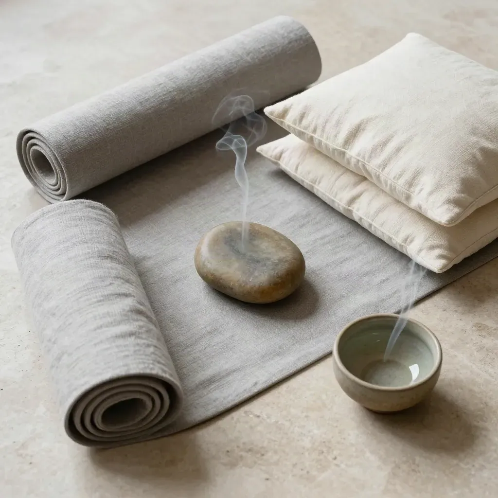 Vue du dessus d’un tapis de respiration, coussin, pierre lisse et bol en céramique.