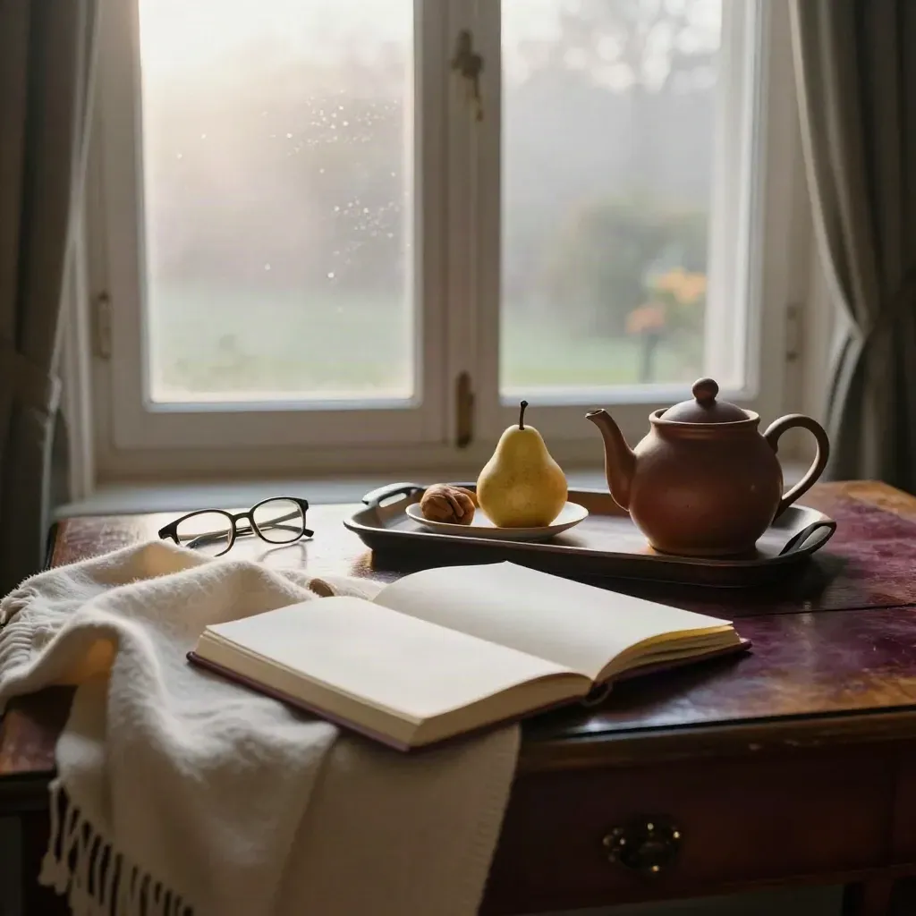 Table de chambre en Bourgogne à l’aube, théière, poire, journal et châle près d’une fenêtre brumeuse.