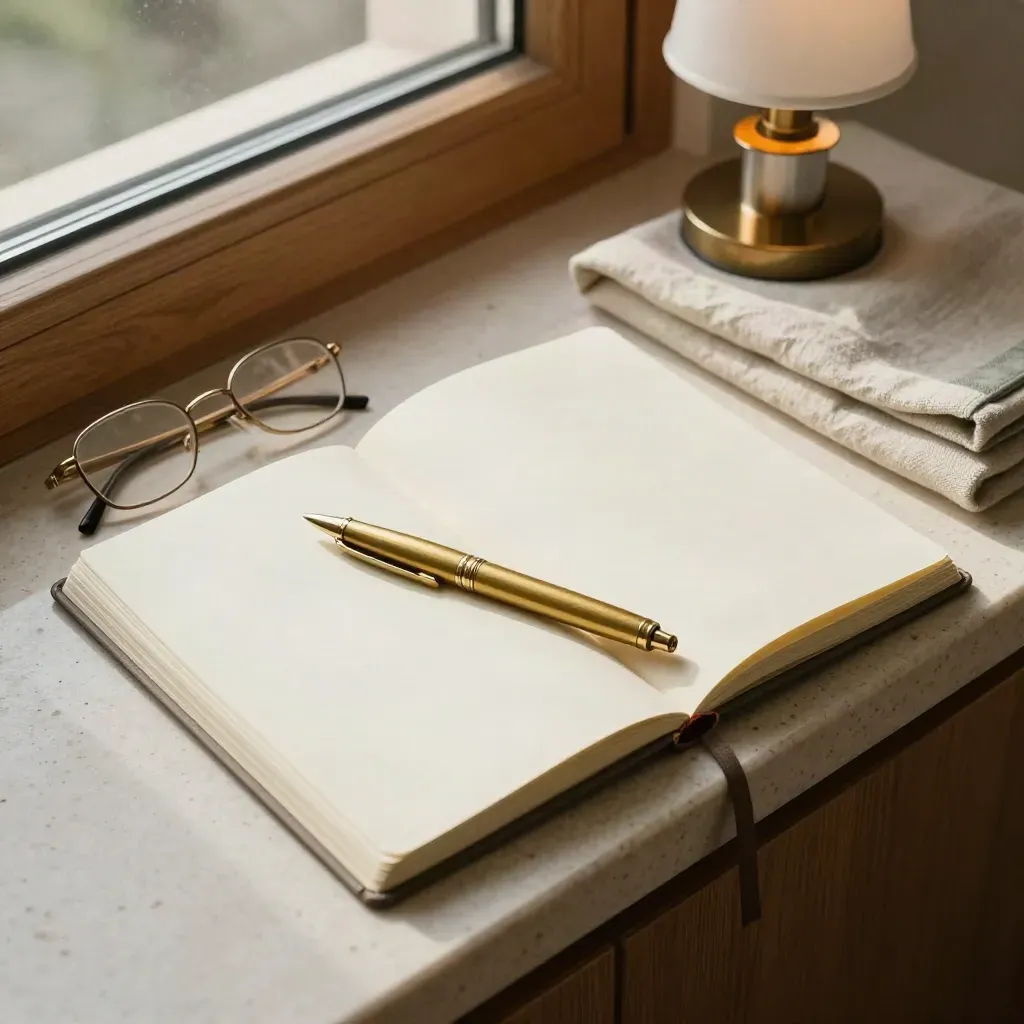 Cahier du soir ouvert, lampe douce, lunettes et lin sur une table de chevet en travertin.