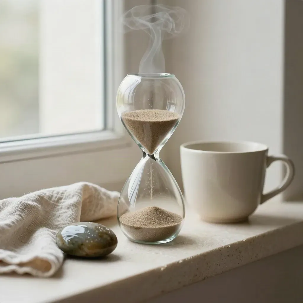 Minuteur en verre sur un rebord de fenêtre, tasse en céramique, linge plié et pierre de rivière.