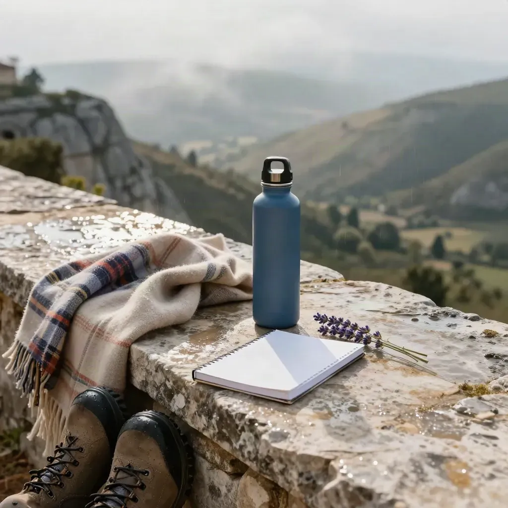 Terrasse d’Ardèche après l’averse, bottes, couverture, carnet et bouteille près des falaises.