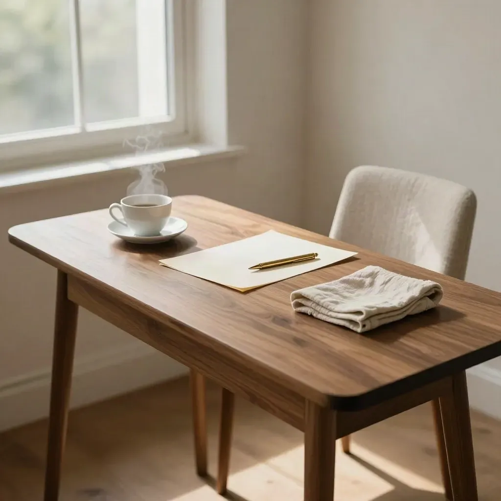 Table de séance lumineuse avec tasse, feuille blanche, stylo et chaise vide près de la fenêtre