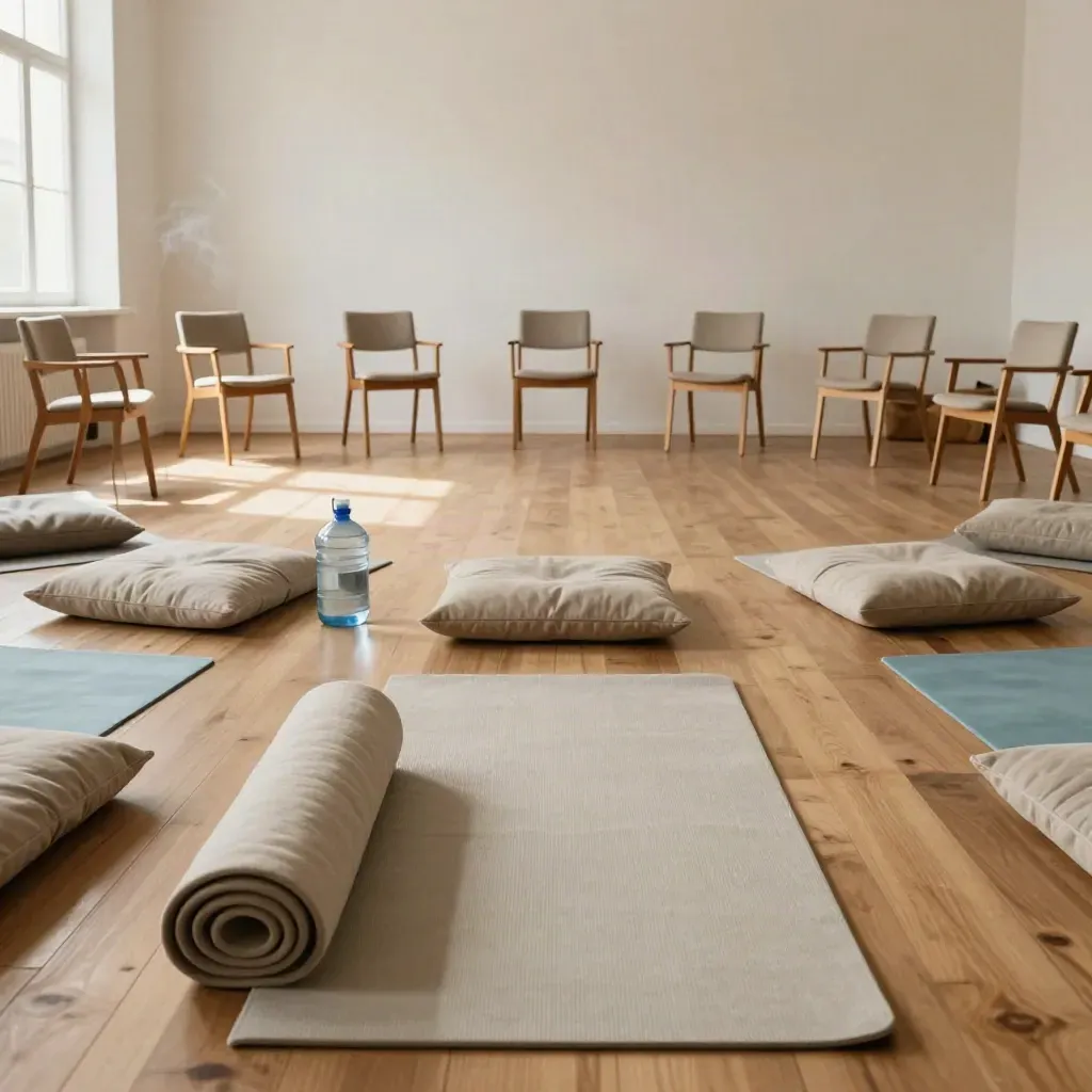 Salle d’atelier lumineuse avec tapis roulés, coussins, carafes d’eau et cercle de chaises.