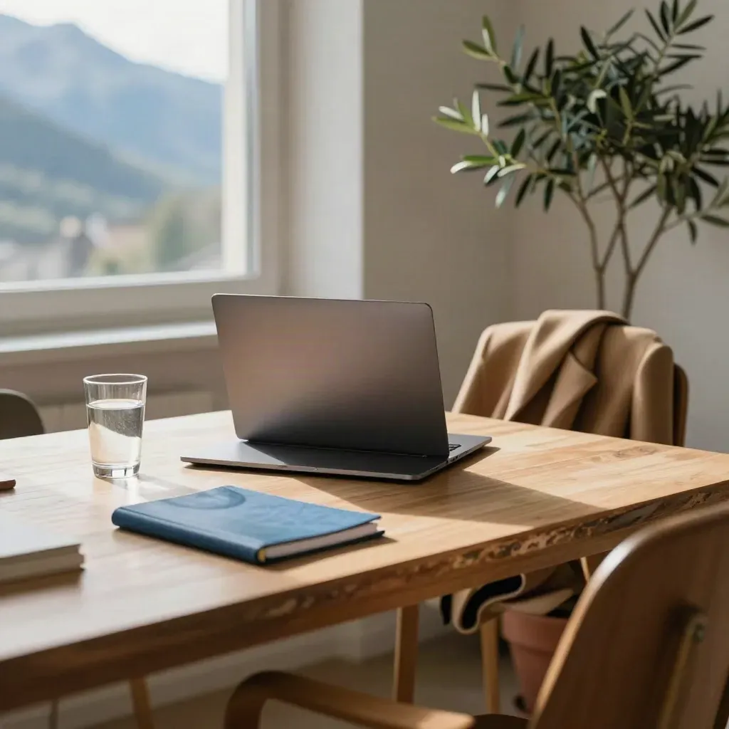 Coin de bureau à Grenoble avec ordinateur fermé, carnet, plante, veste et verre d’eau sous la lumière alpine.