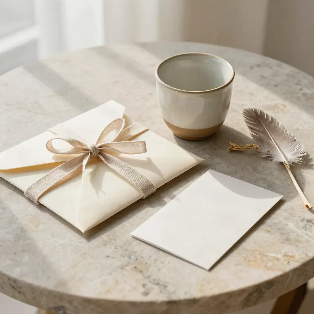 Coffret cadeau bien-être avec enveloppe crème, tasse en céramique et brin sec sur table en pierre.