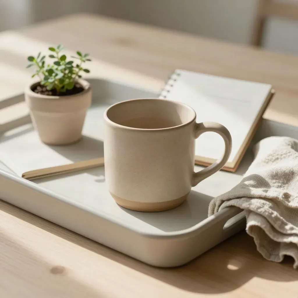 Plateau du matin avec mug en grès, carnet vierge, plante et serviette pliée.