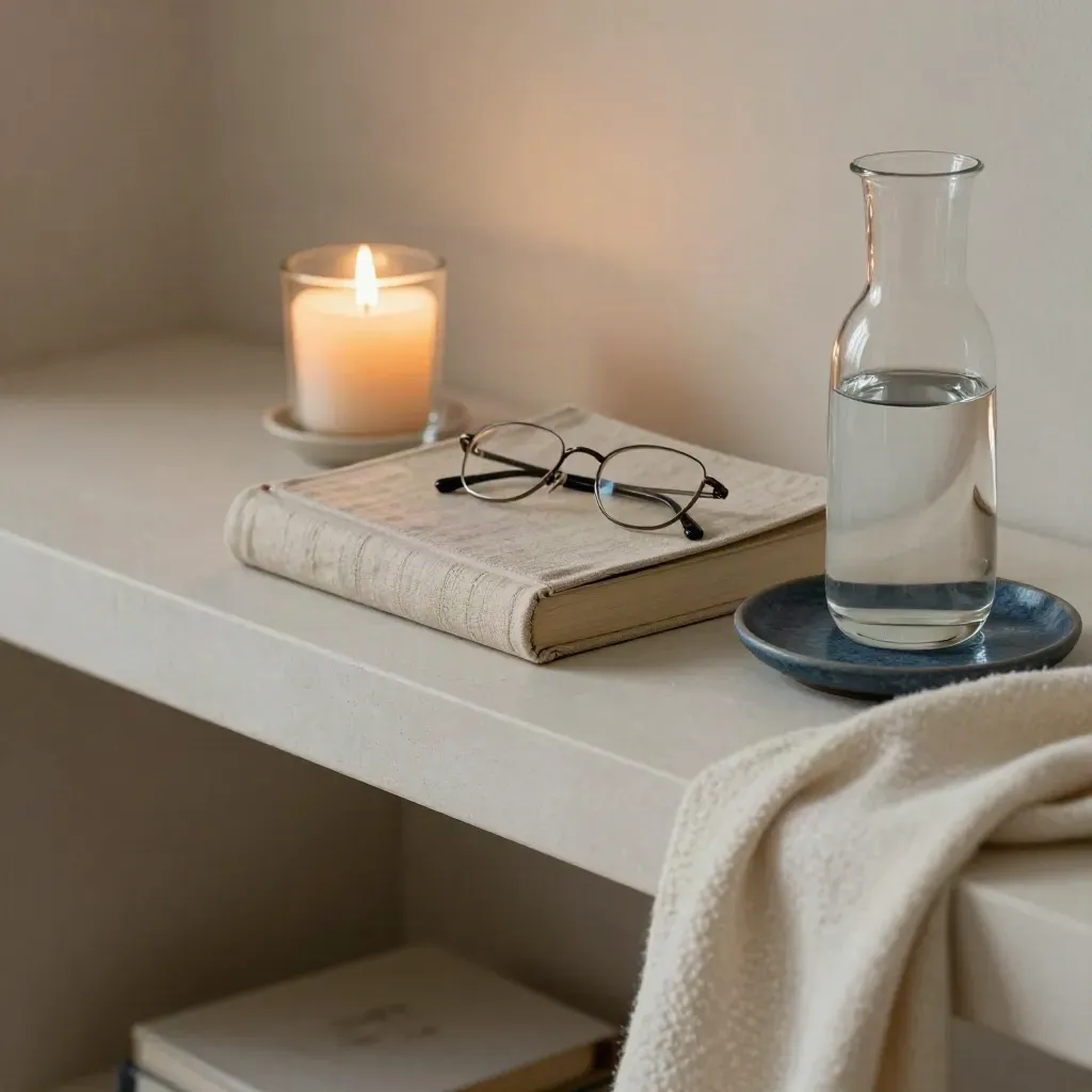 Livre en lin, bougie, lunettes et carafe sur une étagère de chevet apaisante.