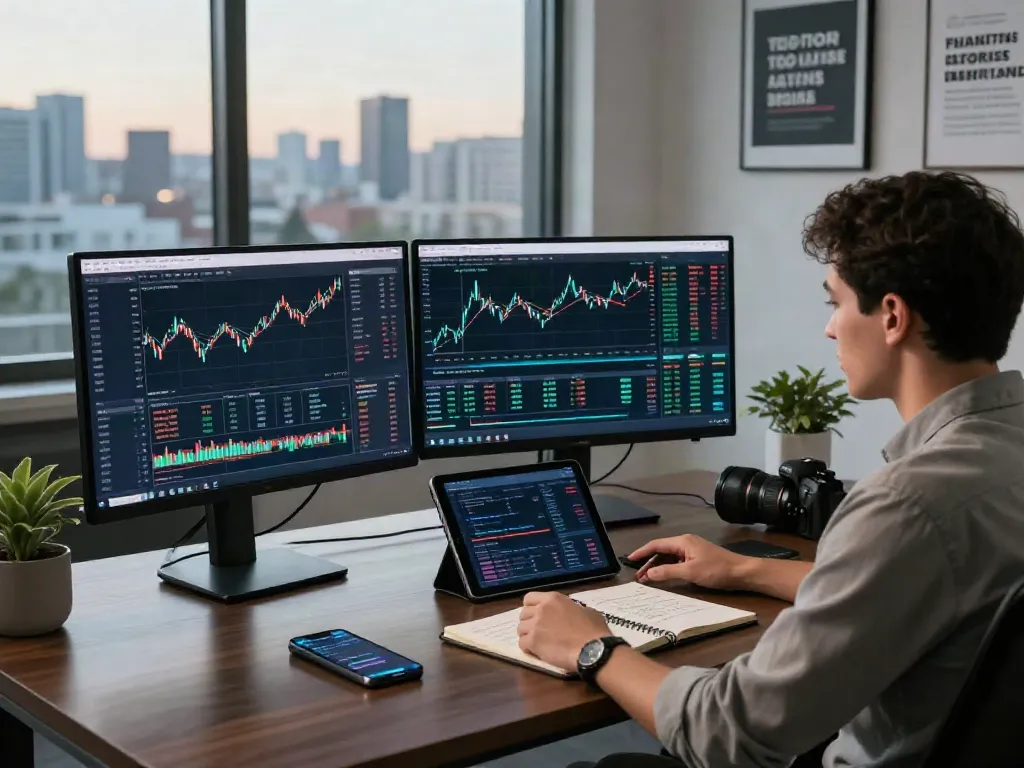 Un bureau moderne avec un trader utilisant essor invexaro sur plusieurs écrans, paperasse et ambiance productive.