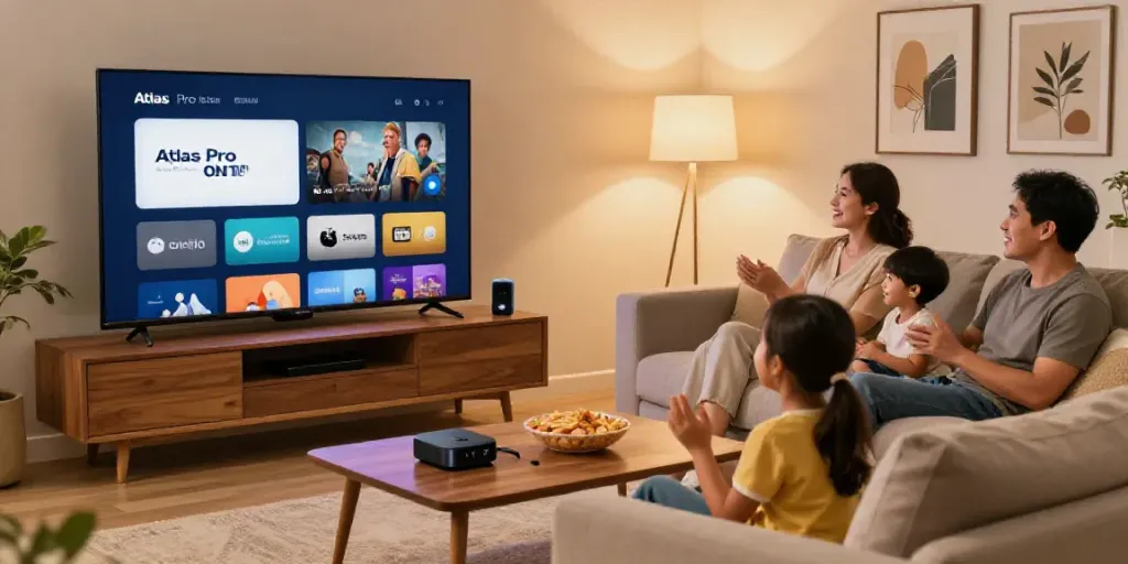Profitez de l'application Atlas Pro dans un salon moderne, famille réunie devant la télévision.